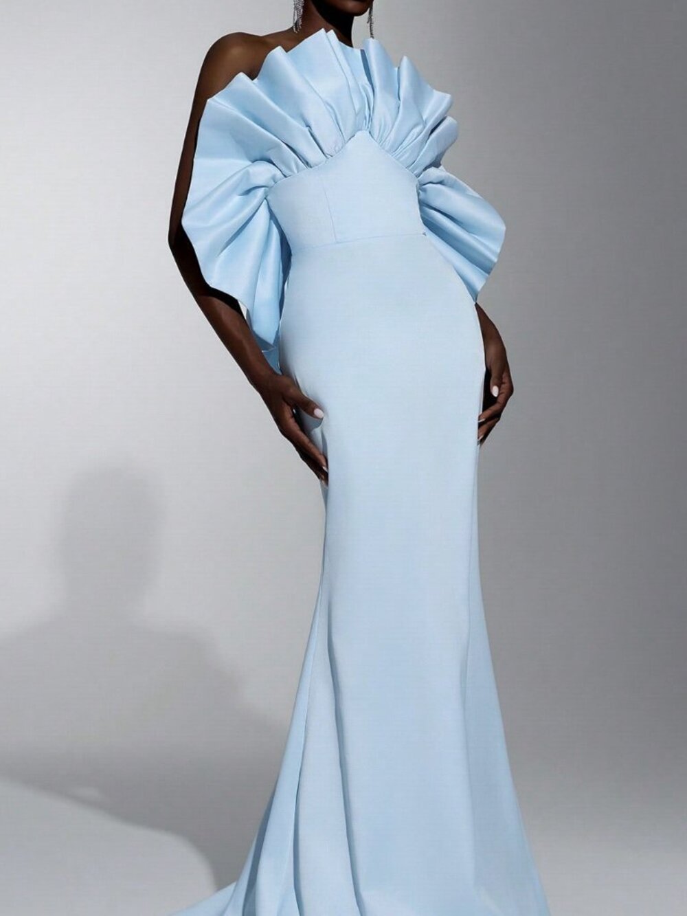 Baby Blue Elegant Women's Mermaid Evening Gown with Ruffle Off-Shoulder Train - Picture 3 of 7